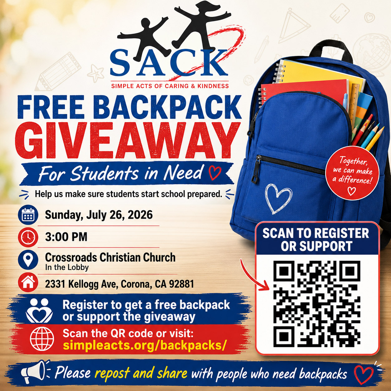 SACK Free Backpack Giveaway for Students in Need — Sunday, July 26, 2026